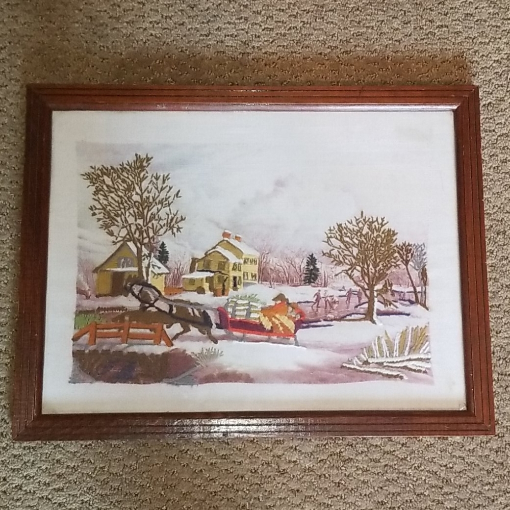 Embroidered horse sleigh scene